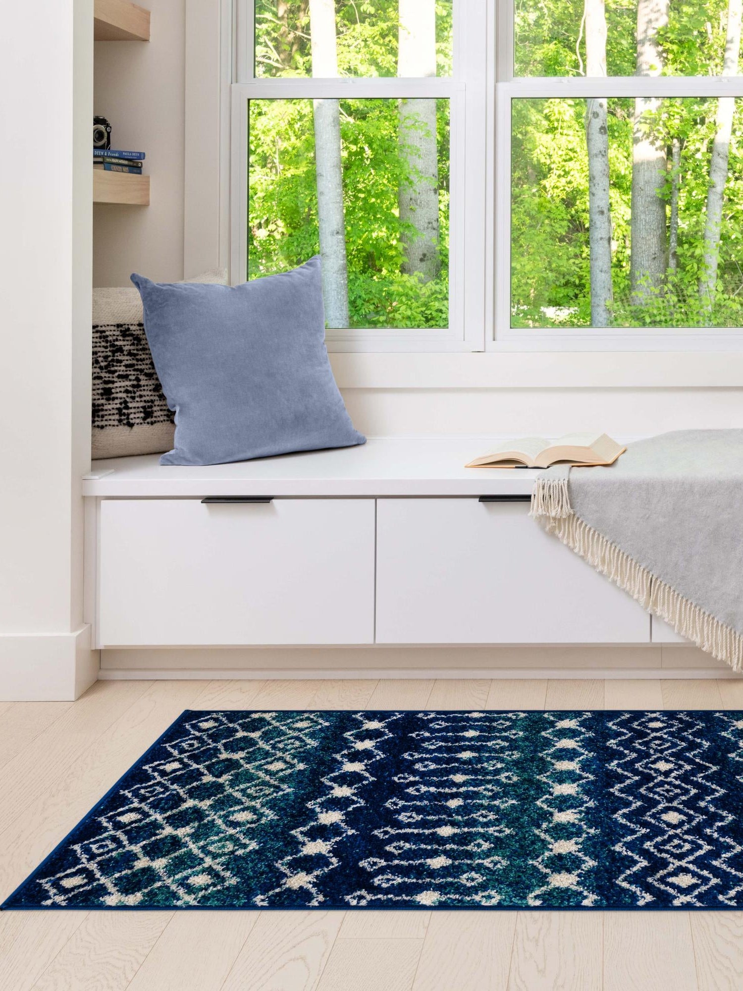 Navy and Teal 2' x 7' 1 Tribal Trellis Runner Area Rug Geometric Southwestern Inspired Durable Carpet for Home Interior Design for Sale at Rug Engine