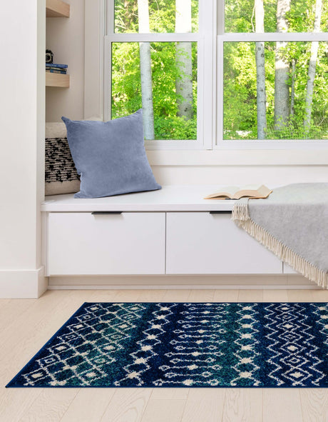 Navy and Teal 2' 7 x 10' Tribal Trellis Runner Area Rug Geometric Southwestern Inspired Durable Carpet for Home Interior Design for Sale at Rug Engine