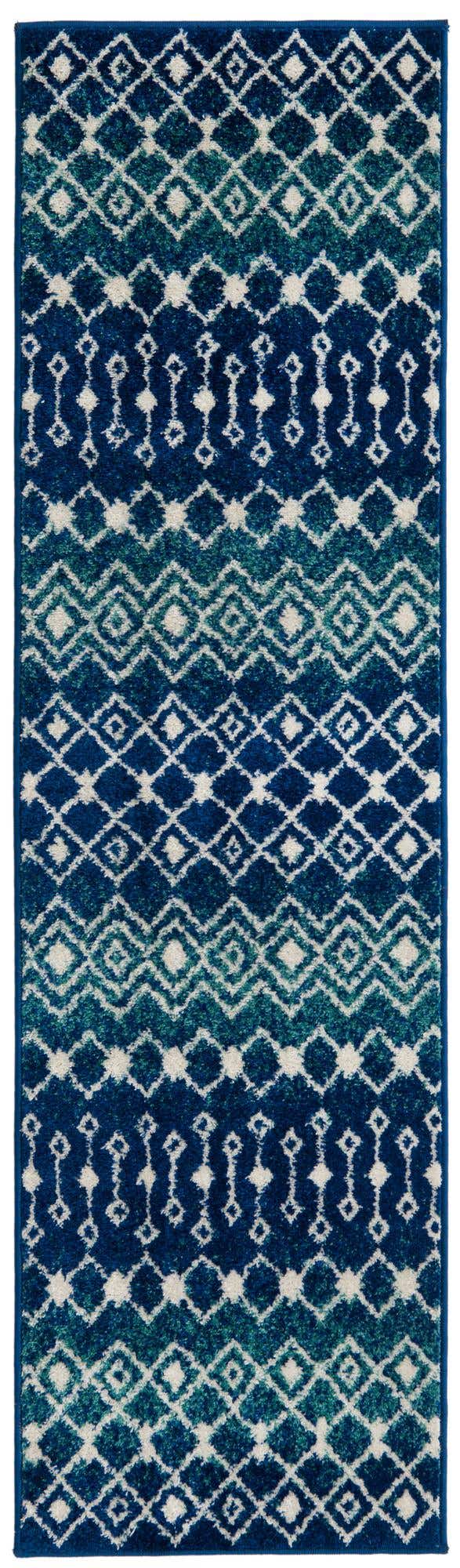 Navy and Teal 2' x 7' 1 Tribal Trellis Runner Area Rug Geometric Southwestern Inspired Durable Carpet for Home Interior Design for Sale at Rug Engine