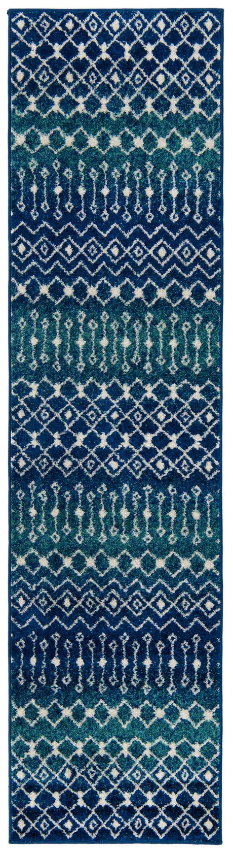 Navy and Teal 2' 7 x 10' Tribal Trellis Runner Area Rug Geometric Southwestern Inspired Durable Carpet for Home Interior Design for Sale at Rug Engine