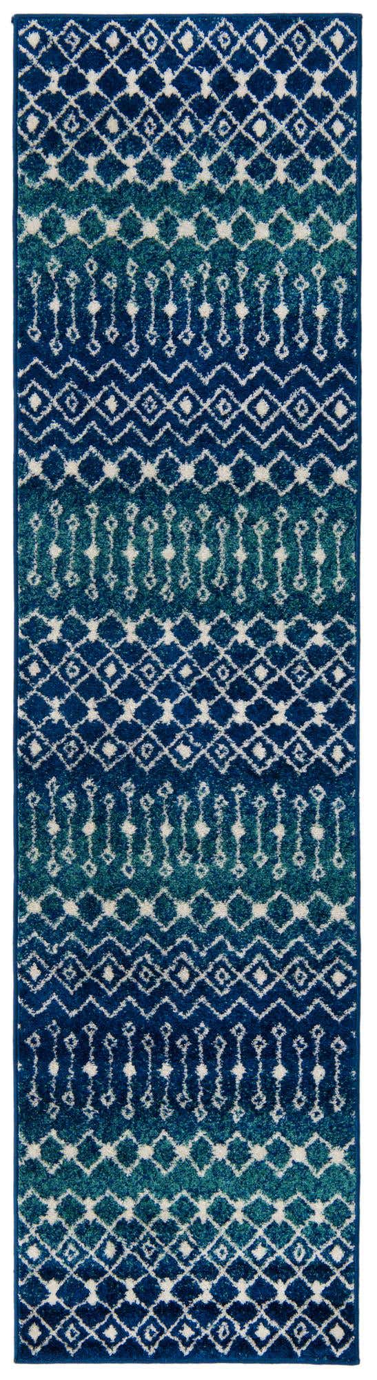 Navy and Teal 2' 7 x 10' Tribal Trellis Runner Area Rug Geometric Southwestern Inspired Durable Carpet for Home Interior Design for Sale at Rug Engine