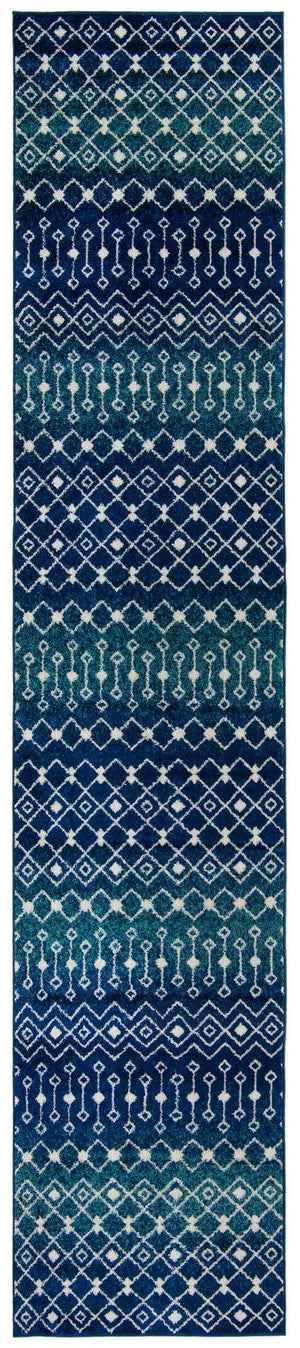 Navy and Teal 3' 3 x 16' 5 Tribal Trellis Runner Area Rug Geometric Southwestern Inspired Durable Carpet for Home Interior Design for Sale at Rug Engine