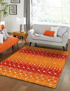 Orange and Red 9' x 12' Tribal Trellis Rectangle Area Rug Geometric Southwestern Inspired Durable Carpet for Home Interior Design for Sale at Rug Engine