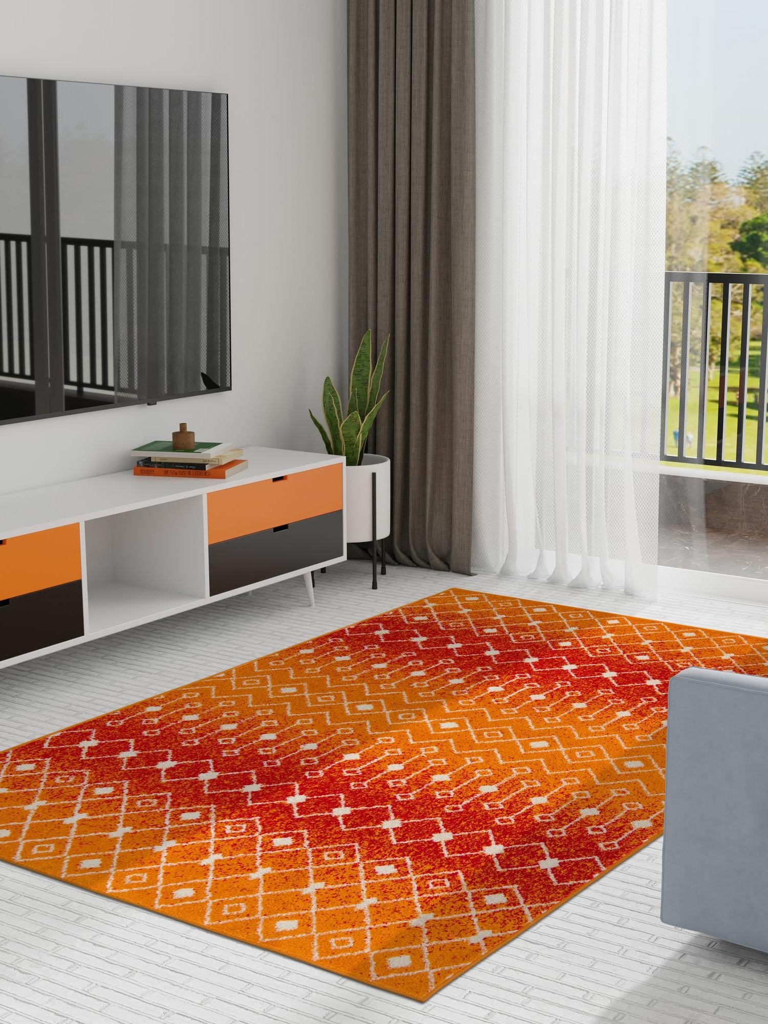 Orange and Red 9' x 12' Tribal Trellis Rectangle Area Rug Geometric Southwestern Inspired Durable Carpet for Home Interior Design for Sale at Rug Engine