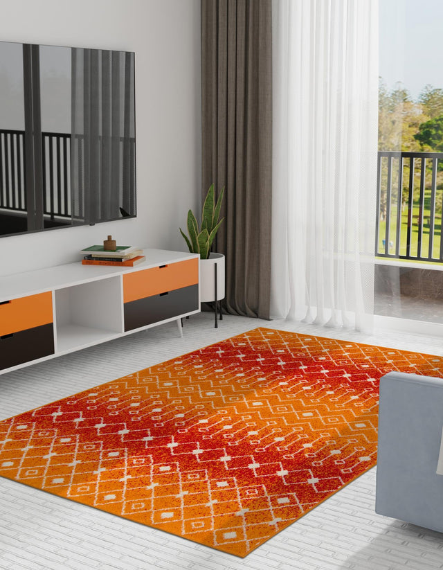 Orange and Red 9' x 12' Tribal Trellis Rectangle Area Rug Geometric Southwestern Inspired Durable Carpet for Home Interior Design for Sale at Rug Engine