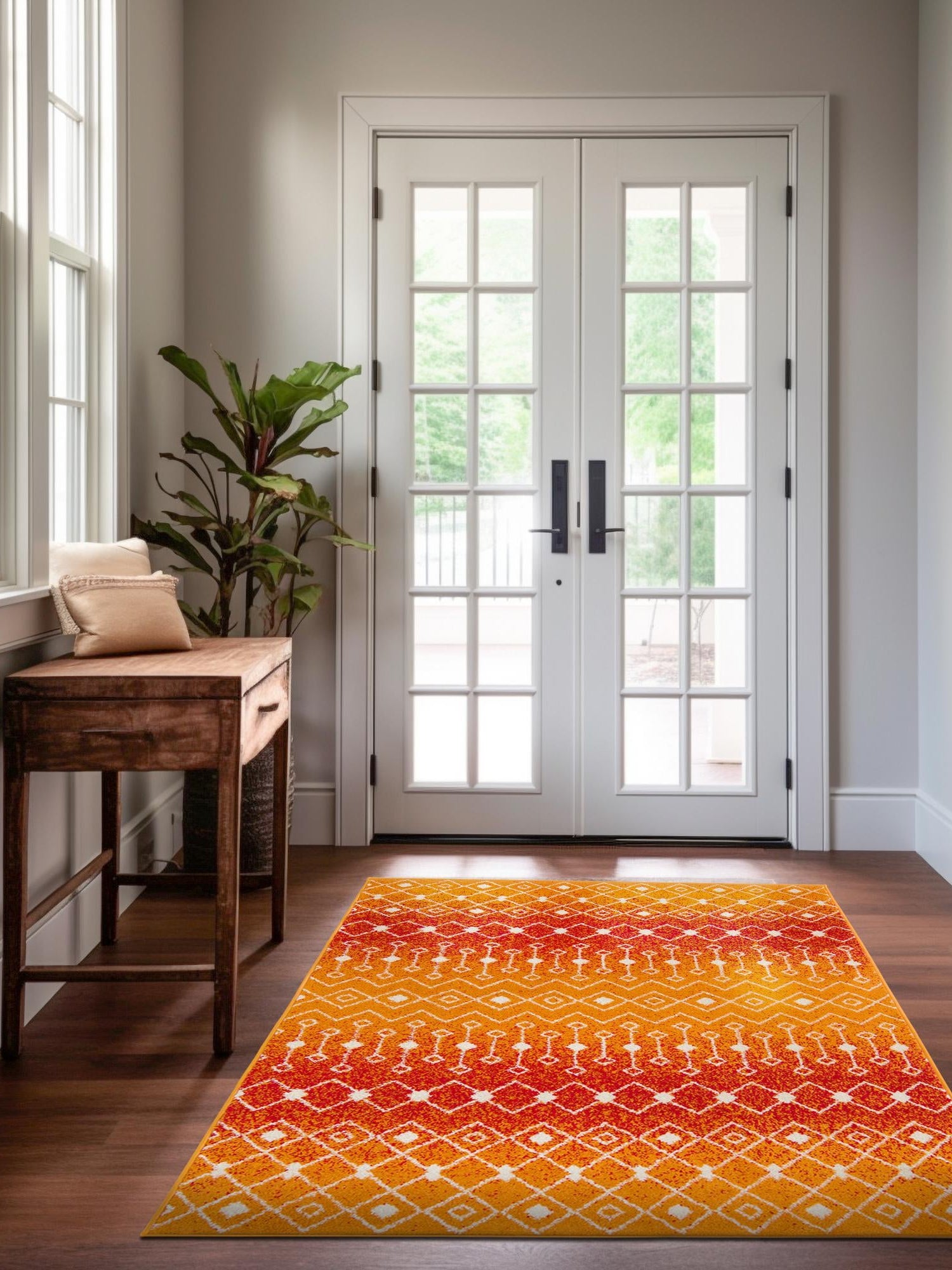 Orange and Red 9' x 12' Tribal Trellis Rectangle Area Rug Geometric Southwestern Inspired Durable Carpet for Home Interior Design for Sale at Rug Engine
