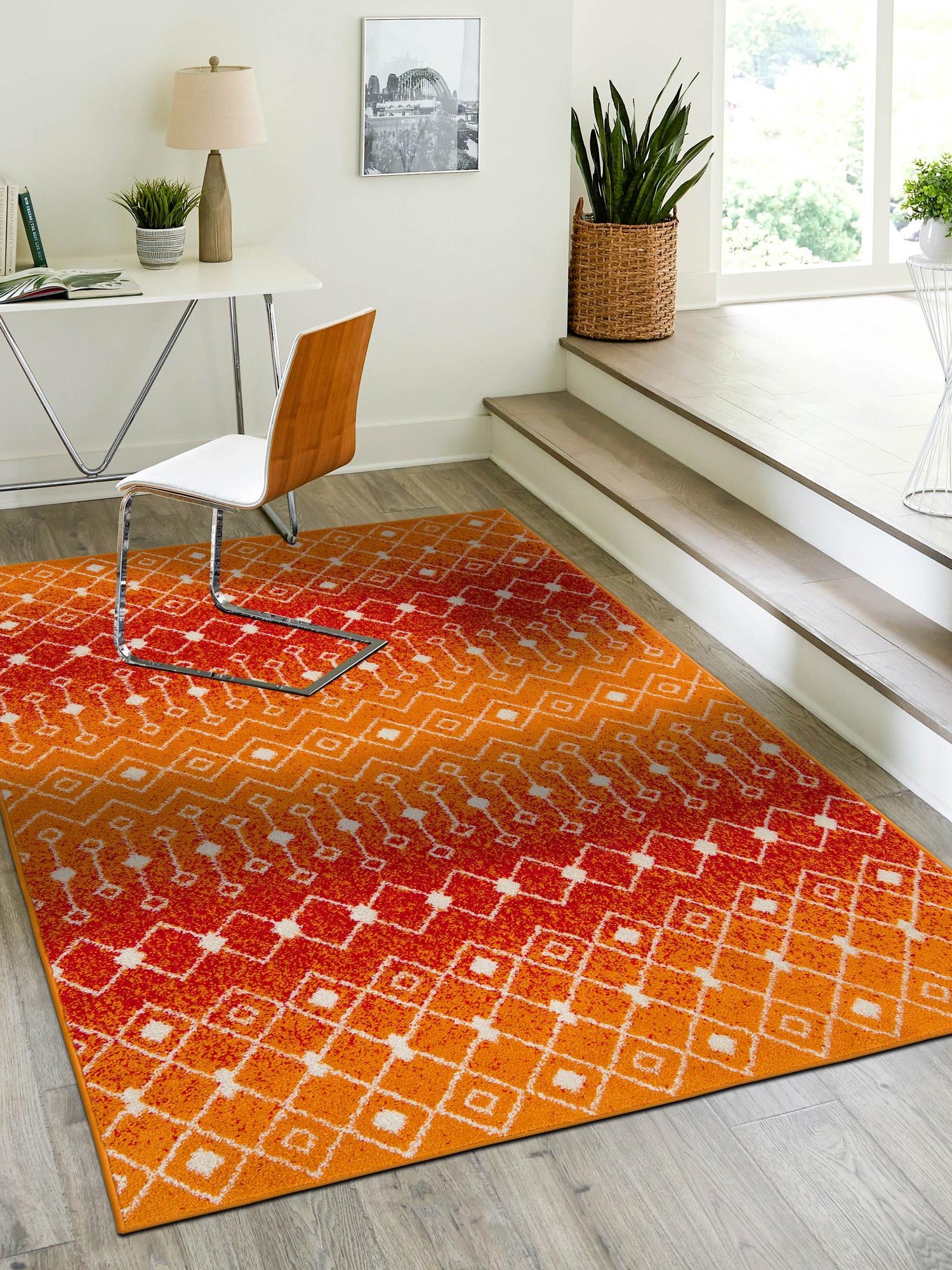 Orange and Red 9' x 12' Tribal Trellis Rectangle Area Rug Geometric Southwestern Inspired Durable Carpet for Home Interior Design for Sale at Rug Engine