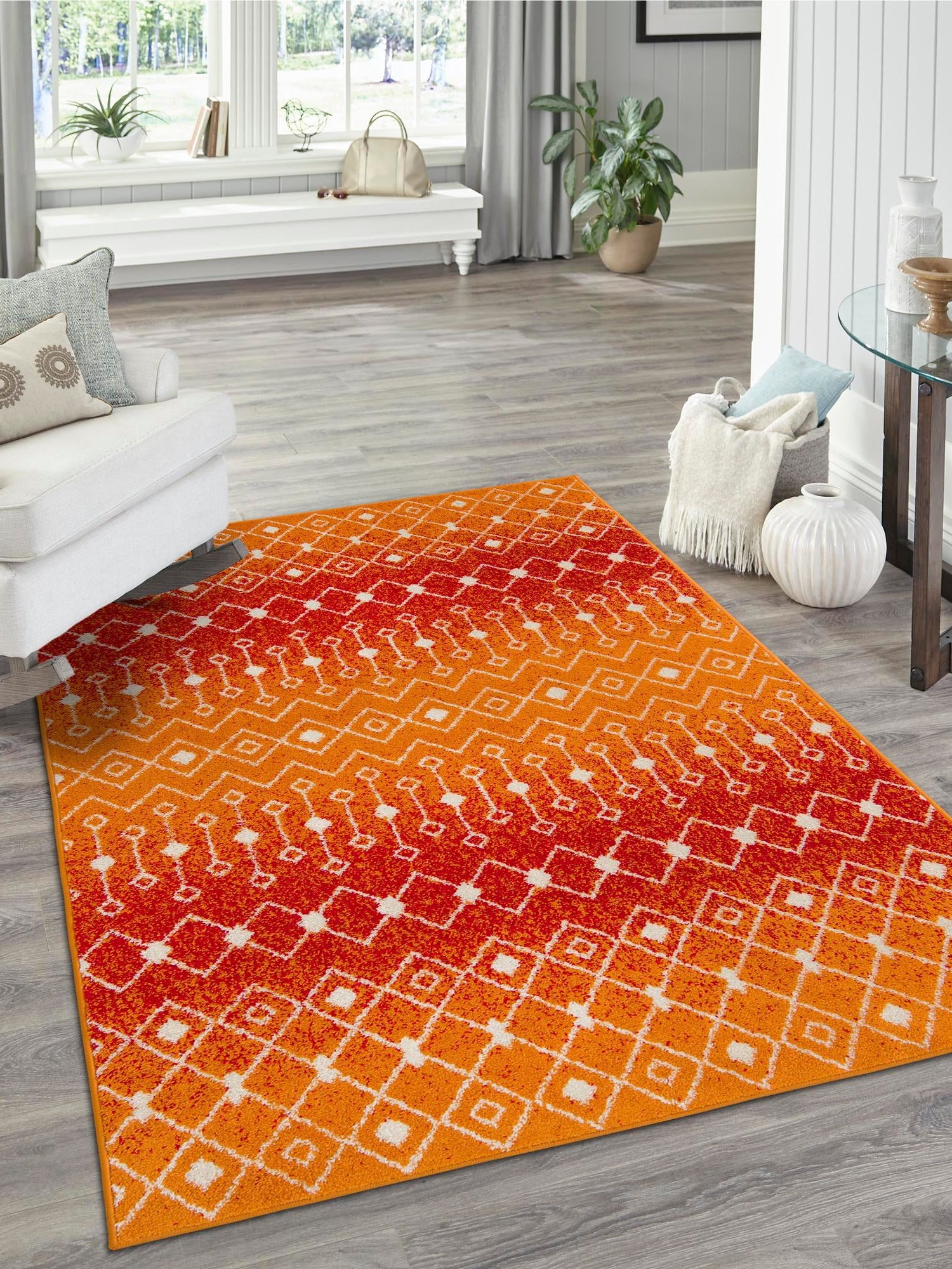 Orange and Red 9' x 12' Tribal Trellis Rectangle Area Rug Geometric Southwestern Inspired Durable Carpet for Home Interior Design for Sale at Rug Engine