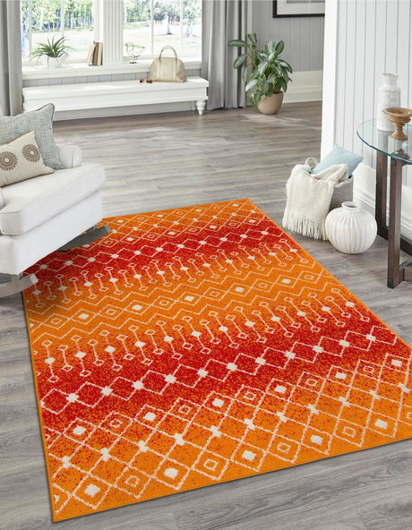 Orange and Red 9' x 12' Tribal Trellis Rectangle Area Rug Geometric Southwestern Inspired Durable Carpet for Home Interior Design for Sale at Rug Engine