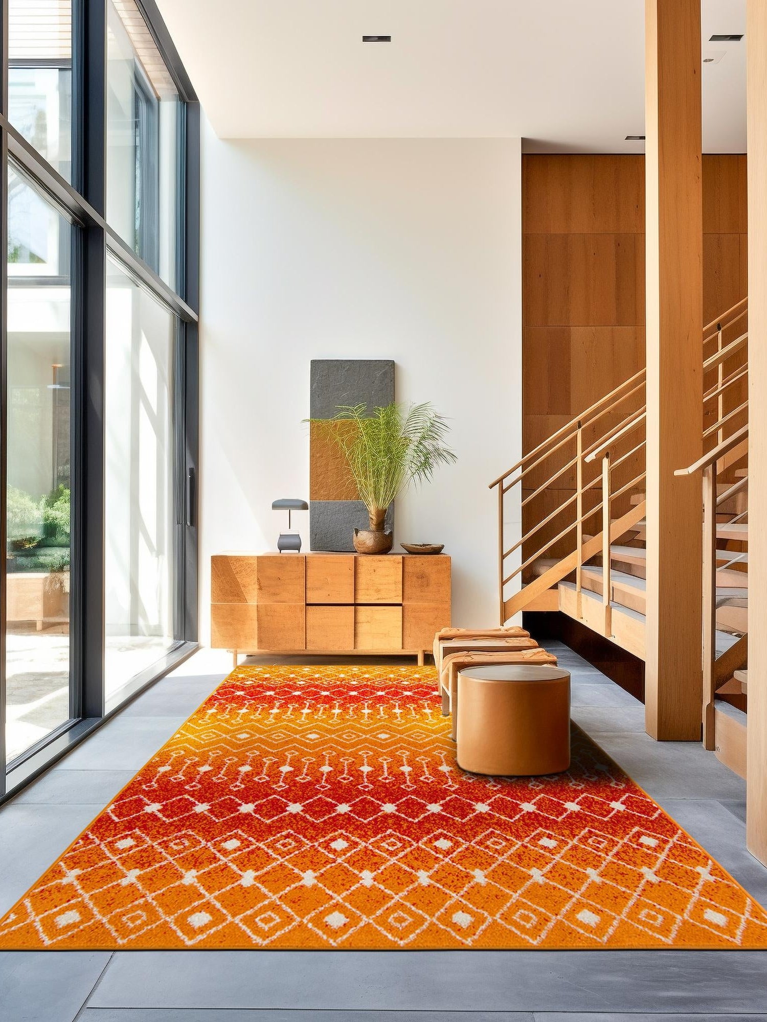 Orange and Red 9' x 12' Tribal Trellis Rectangle Area Rug Geometric Southwestern Inspired Durable Carpet for Home Interior Design for Sale at Rug Engine