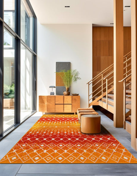Orange and Red 9' x 12' Tribal Trellis Rectangle Area Rug Geometric Southwestern Inspired Durable Carpet for Home Interior Design for Sale at Rug Engine