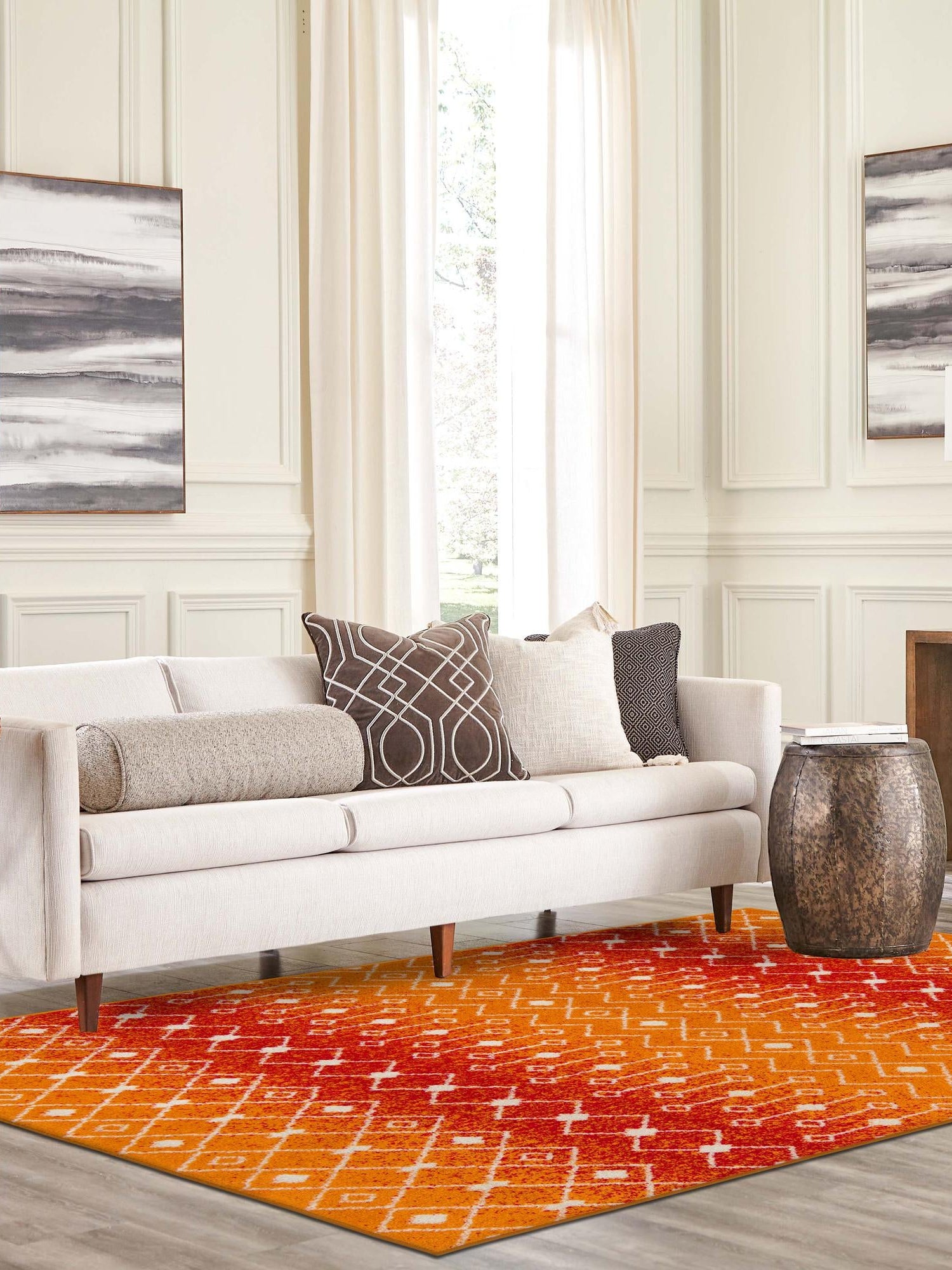 Orange and Red 9' x 12' Tribal Trellis Rectangle Area Rug Geometric Southwestern Inspired Durable Carpet for Home Interior Design for Sale at Rug Engine