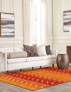 Orange and Red 9' x 12' Tribal Trellis Rectangle Area Rug Geometric Southwestern Inspired Durable Carpet for Home Interior Design for Sale at Rug Engine