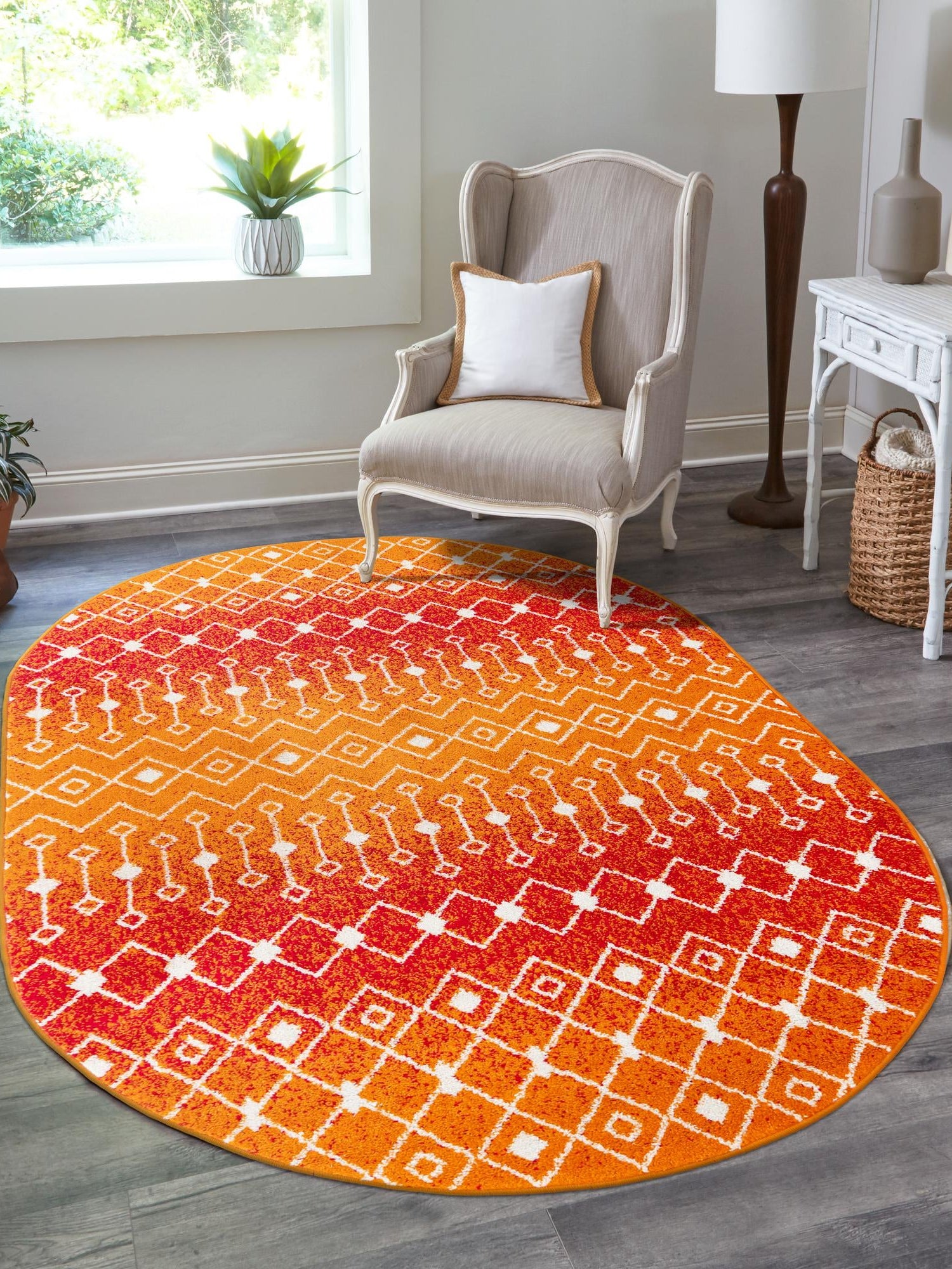 Orange and Red 4' x 6' Tribal Trellis Oval Area Rug Geometric Southwestern Inspired Durable Carpet for Home Interior Design for Sale at Rug Engine