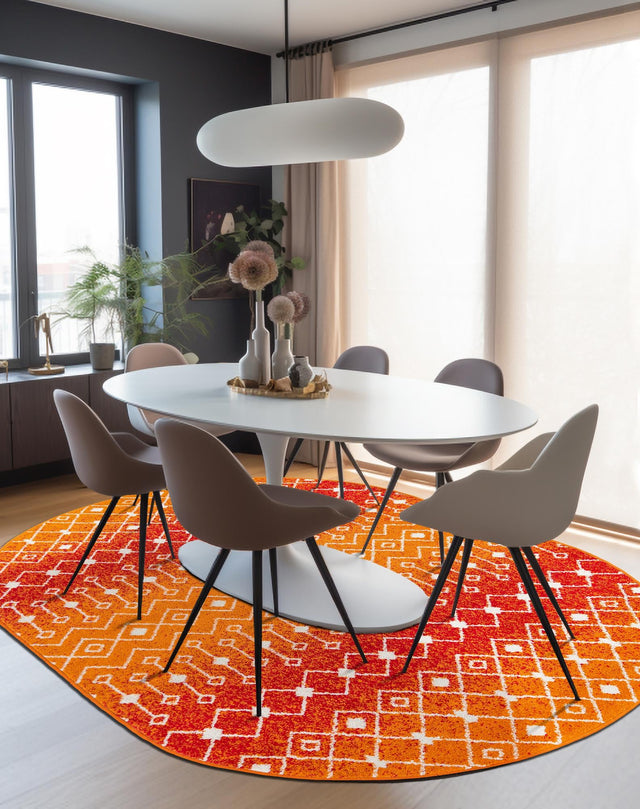 Orange and Red 5' 3 x 8' Tribal Trellis Oval Area Rug Geometric Southwestern Inspired Durable Carpet for Home Interior Design for Sale at Rug Engine