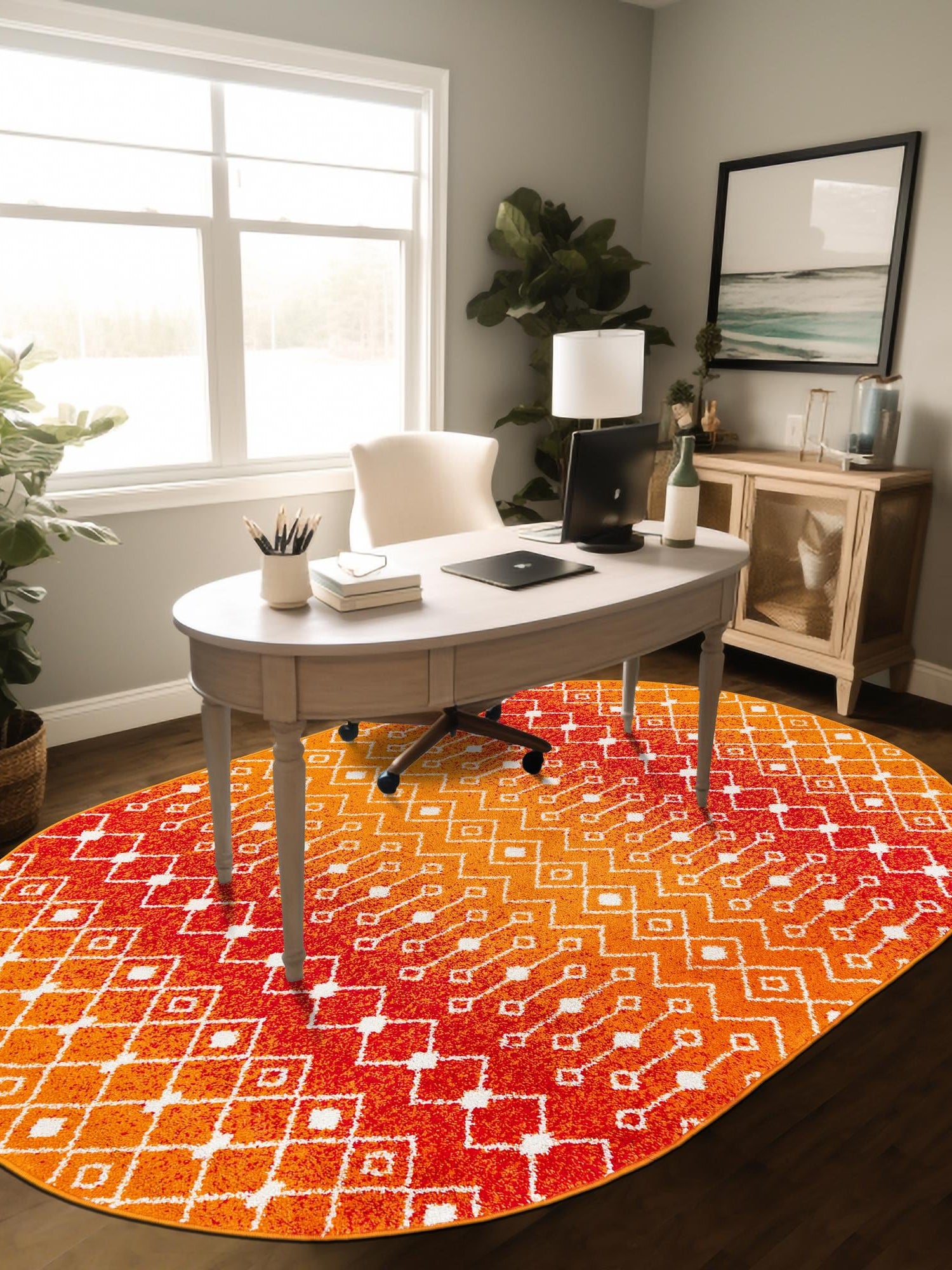 Orange and Red 4' x 6' Tribal Trellis Oval Area Rug Geometric Southwestern Inspired Durable Carpet for Home Interior Design for Sale at Rug Engine