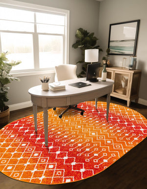 Orange and Red 5' 3 x 8' Tribal Trellis Oval Area Rug Geometric Southwestern Inspired Durable Carpet for Home Interior Design for Sale at Rug Engine