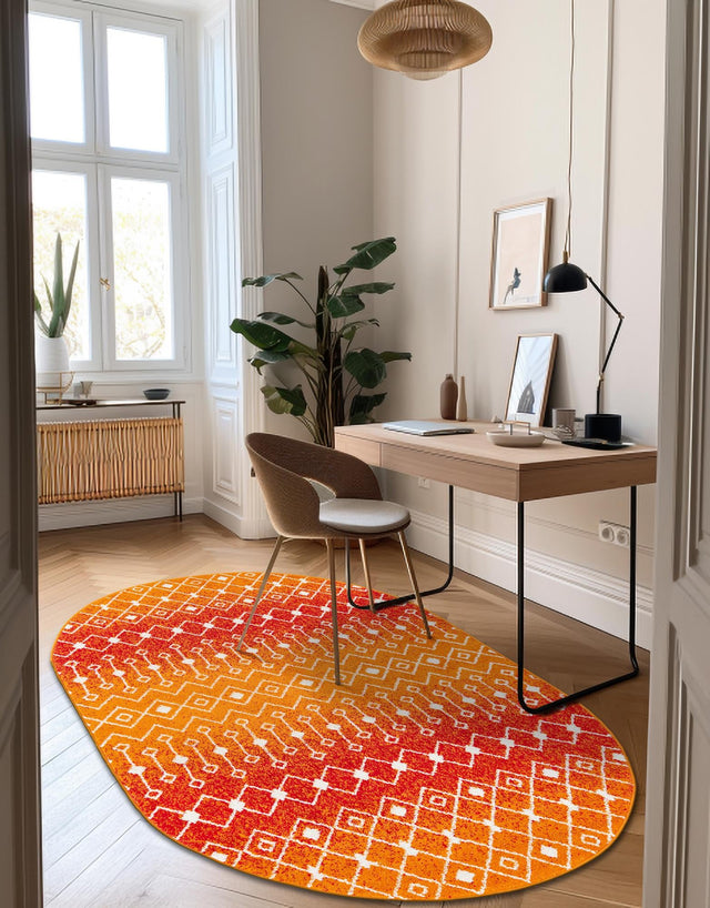 Orange and Red 5' 3 x 8' Tribal Trellis Oval Area Rug Geometric Southwestern Inspired Durable Carpet for Home Interior Design for Sale at Rug Engine