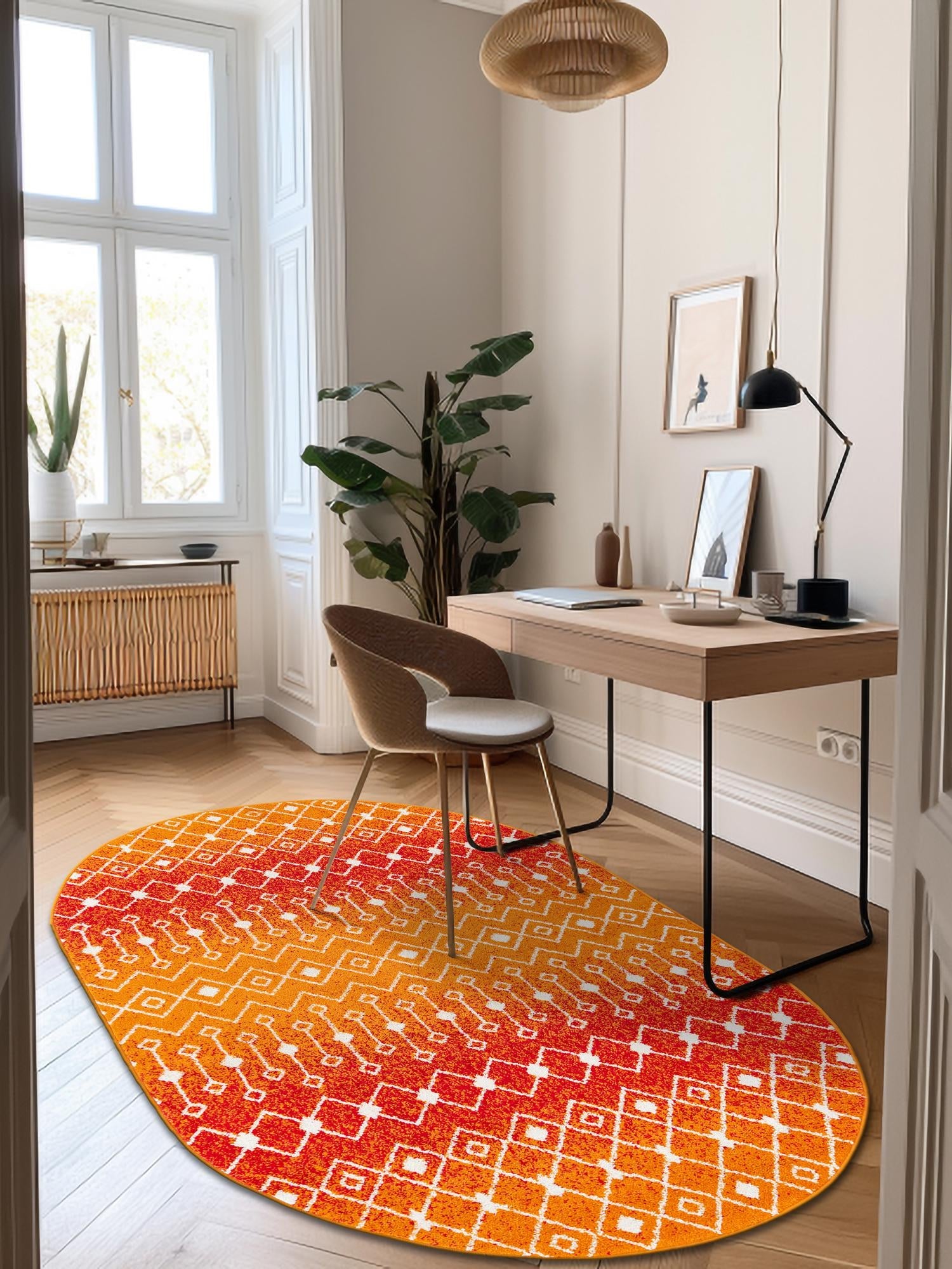 Orange and Red 4' x 6' Tribal Trellis Oval Area Rug Geometric Southwestern Inspired Durable Carpet for Home Interior Design for Sale at Rug Engine