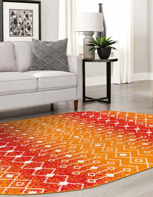 Orange and Red 7' 10 x 10' Tribal Trellis Oval Area Rug Geometric Southwestern Inspired Durable Carpet for Home Interior Design for Sale at Rug Engine