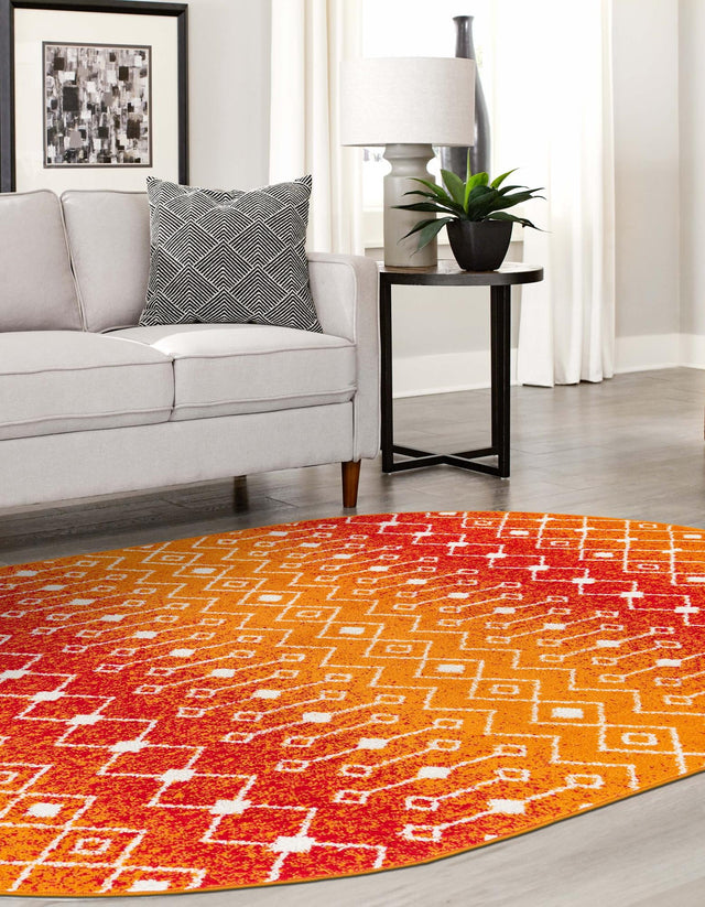 Orange and Red 7' 10 x 10' Tribal Trellis Oval Area Rug Geometric Southwestern Inspired Durable Carpet for Home Interior Design for Sale at Rug Engine
