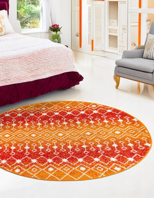 Orange and Red 7' 10 x 7' 10 Tribal Trellis Round Area Rug Geometric Southwestern Inspired Durable Carpet for Home Interior Design for Sale at Rug Engine