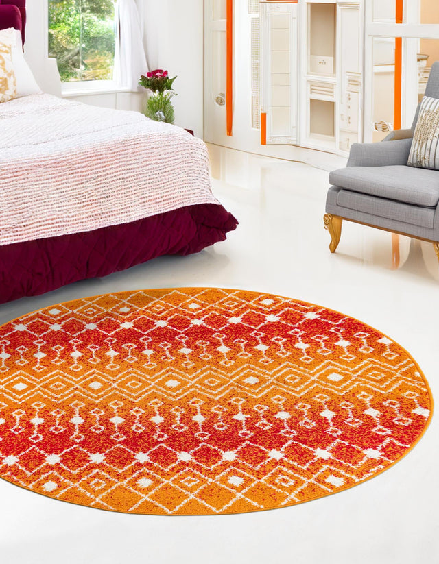 Orange and Red 3' 3 x 3' 3 Tribal Trellis Round Area Rug Geometric Southwestern Inspired Durable Carpet for Home Interior Design for Sale at Rug Engine