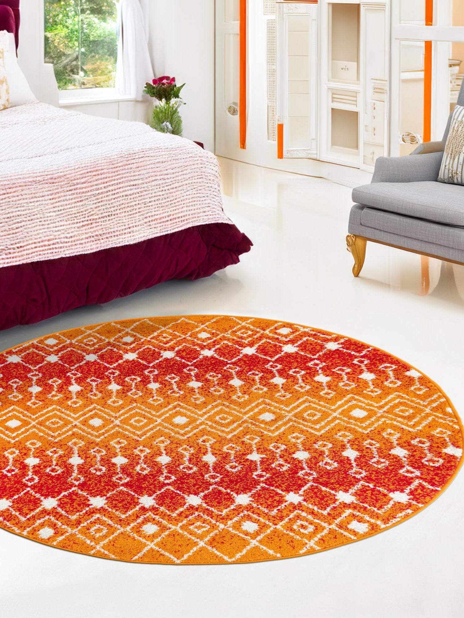 Orange and Red 10' x 10' Tribal Trellis Round Area Rug Geometric Southwestern Inspired Durable Carpet for Home Interior Design for Sale at Rug Engine