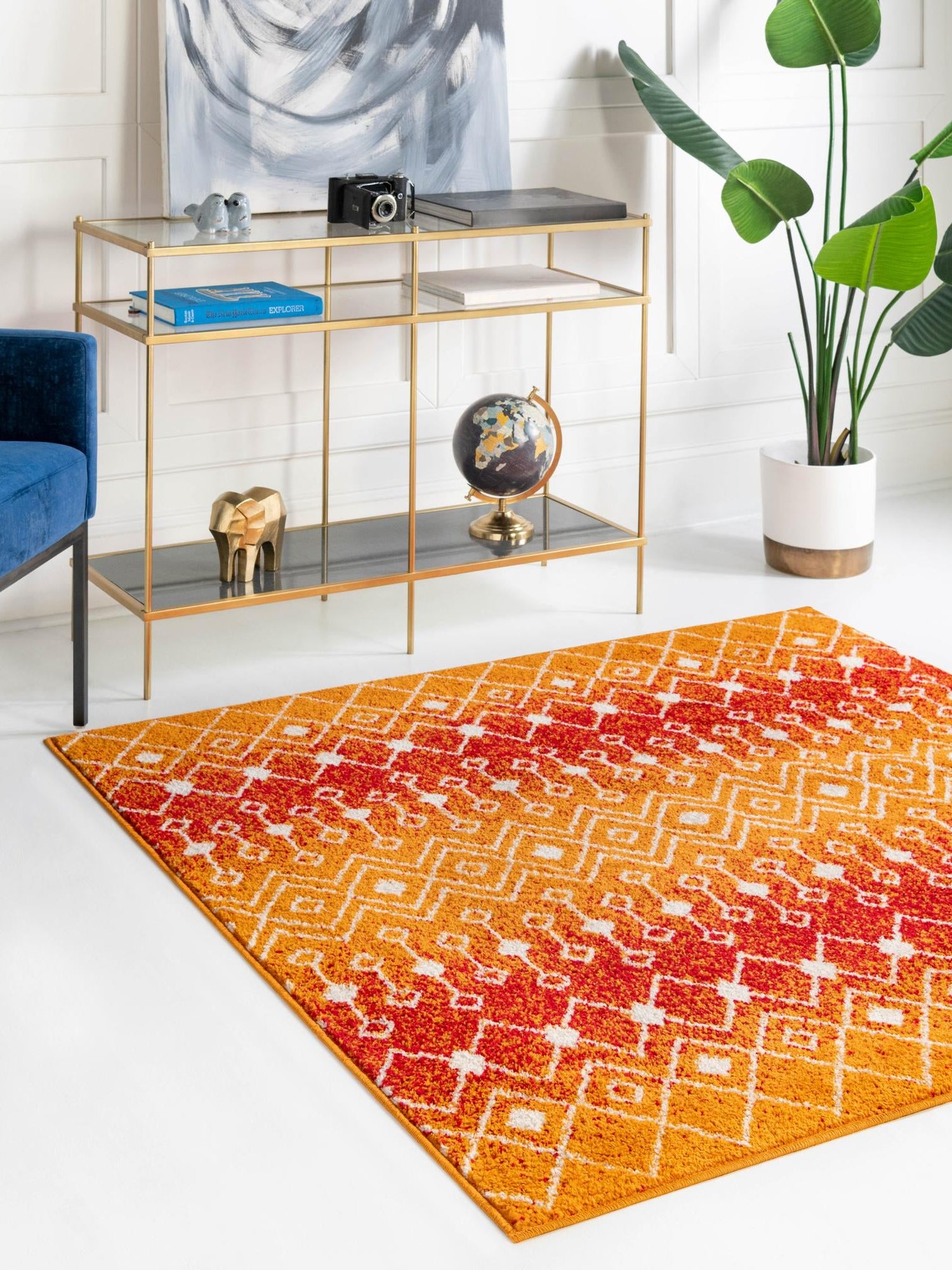 Orange and Red 7' 10 x 7' 10 Tribal Trellis Square Area Rug Geometric Southwestern Inspired Durable Carpet for Home Interior Design for Sale at Rug Engine