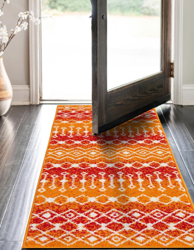 Orange and Red 2' x 7' Tribal Trellis Runner Area Rug Geometric Southwestern Inspired Durable Carpet for Home Interior Design for Sale at Rug Engine