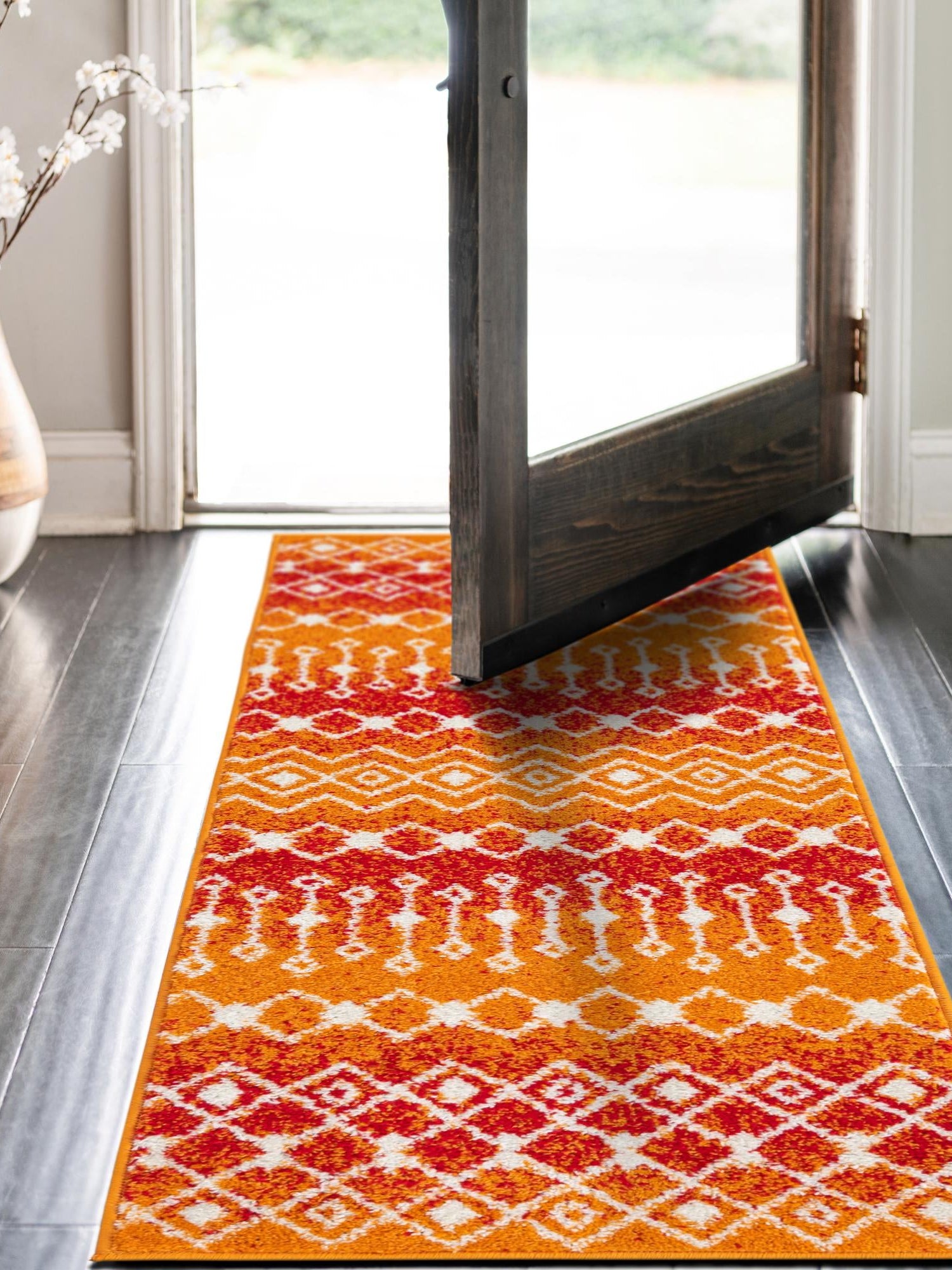 Orange and Red 2' 7 x 10' Tribal Trellis Runner Area Rug Geometric Southwestern Inspired Durable Carpet for Home Interior Design for Sale at Rug Engine