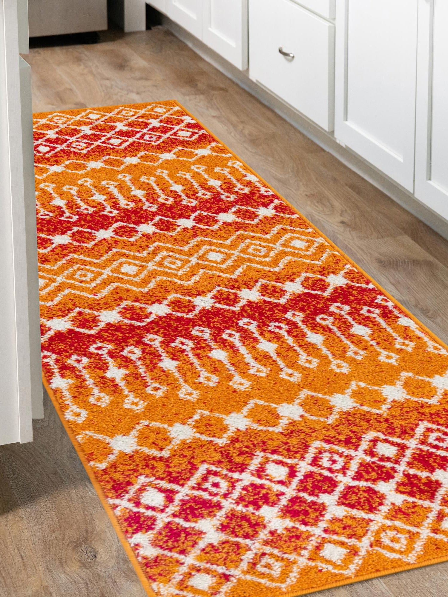 Orange and Red 2' x 8' Tribal Trellis Runner Area Rug Geometric Southwestern Inspired Durable Carpet for Home Interior Design for Sale at Rug Engine