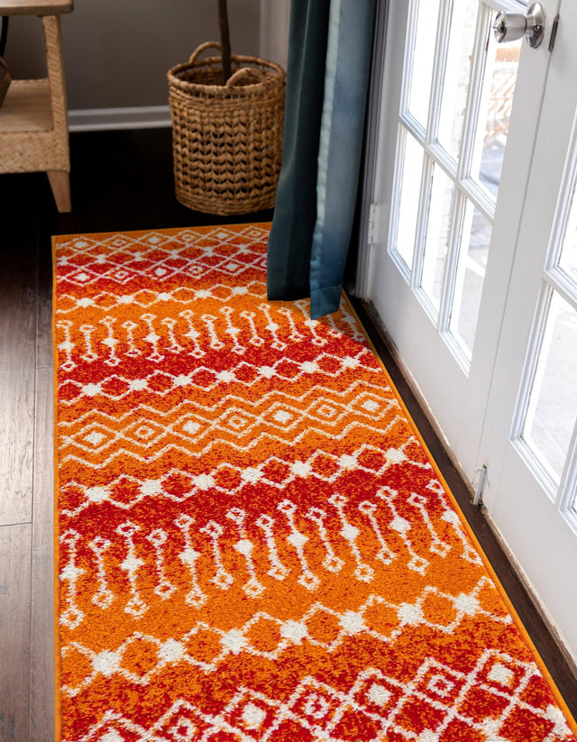 Orange and Red 2' x 7' Tribal Trellis Runner Area Rug Geometric Southwestern Inspired Durable Carpet for Home Interior Design for Sale at Rug Engine