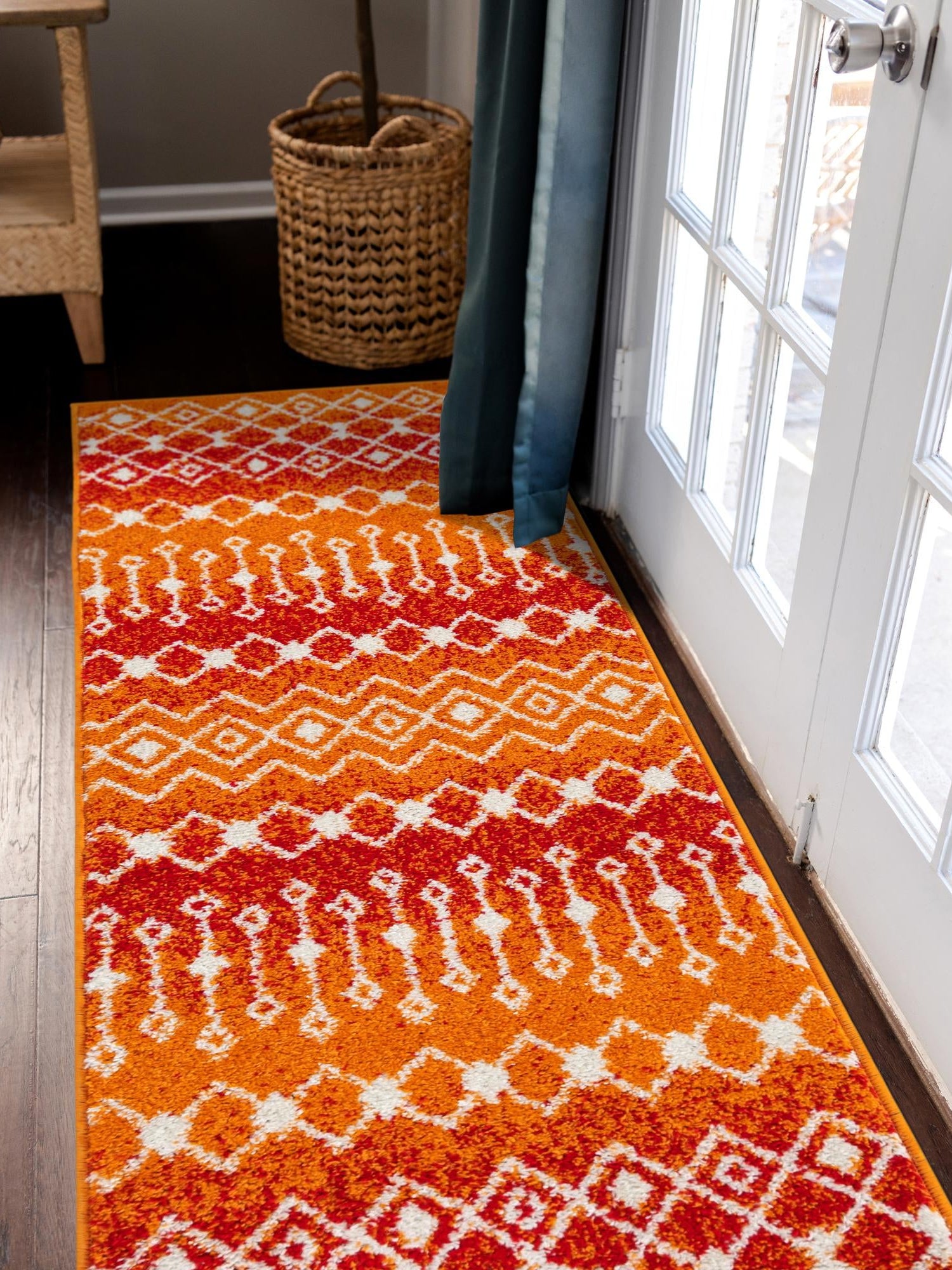 Orange and Red 2' x 8' Tribal Trellis Runner Area Rug Geometric Southwestern Inspired Durable Carpet for Home Interior Design for Sale at Rug Engine