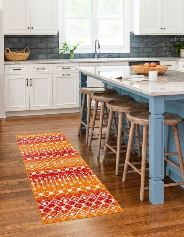 Orange and Red 2' x 7' Tribal Trellis Runner Area Rug Geometric Southwestern Inspired Durable Carpet for Home Interior Design for Sale at Rug Engine