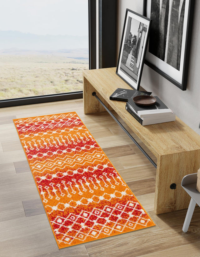 Orange and Red 2' x 7' Tribal Trellis Runner Area Rug Geometric Southwestern Inspired Durable Carpet for Home Interior Design for Sale at Rug Engine
