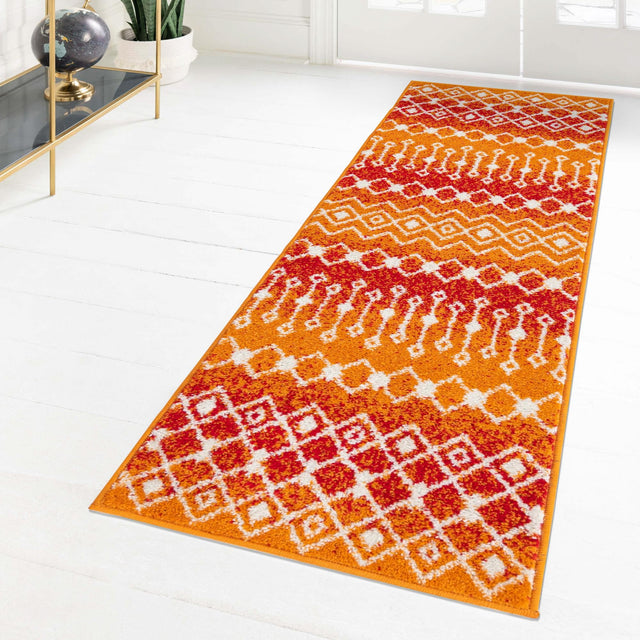 Orange and Red 2' x 7' Tribal Trellis Runner Area Rug Geometric Southwestern Inspired Durable Carpet for Home Interior Design for Sale at Rug Engine