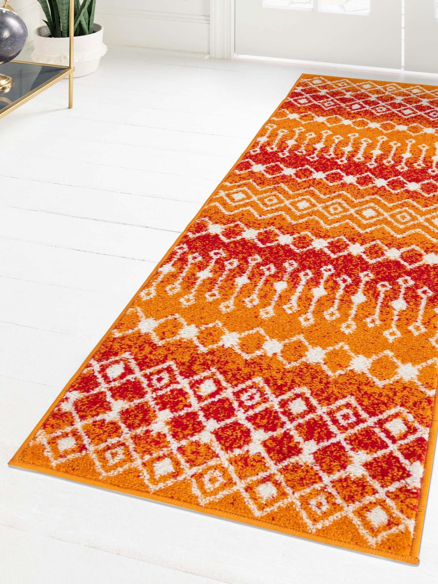 Orange and Red 3' 3 x 16' 5 Tribal Trellis Runner Area Rug Geometric Southwestern Inspired Durable Carpet for Home Interior Design for Sale at Rug Engine