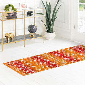 Orange and Red 3' 3 x 16' 5 Tribal Trellis Runner Area Rug Geometric Southwestern Inspired Durable Carpet for Home Interior Design for Sale at Rug Engine