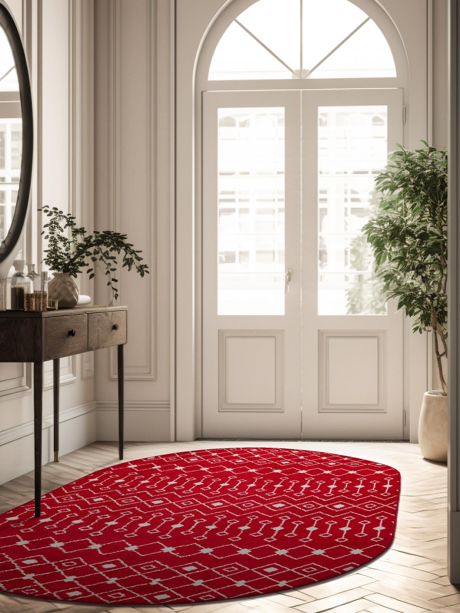 Burgundy Red 7' 10 x 10' Tribal Trellis Oval Area Rug Geometric Southwestern Inspired Durable Carpet for Home Interior Design for Sale at Rug Engine