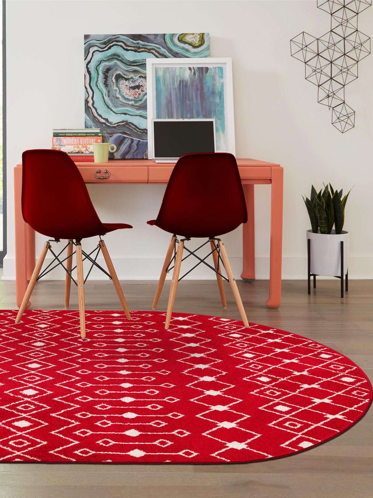 Burgundy Red 5' 3 x 8' Tribal Trellis Oval Area Rug Geometric Southwestern Inspired Durable Carpet for Home Interior Design for Sale at Rug Engine