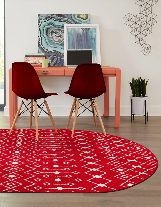 Burgundy Red 7' 10 x 10' Tribal Trellis Oval Area Rug Geometric Southwestern Inspired Durable Carpet for Home Interior Design for Sale at Rug Engine