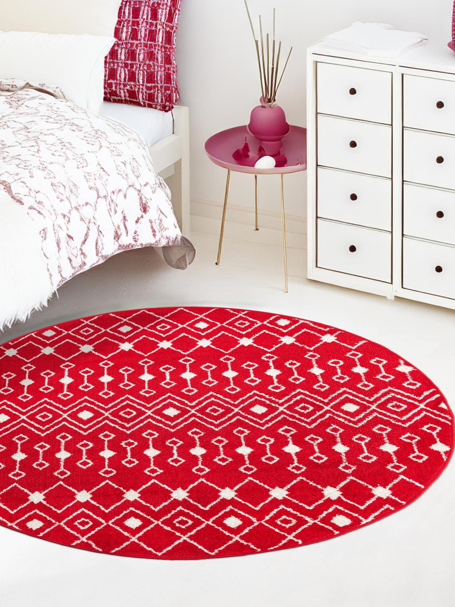 Burgundy Red 10' x 10' Tribal Trellis Round Area Rug Geometric Southwestern Inspired Durable Carpet for Home Interior Design for Sale at Rug Engine