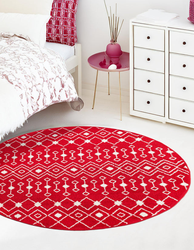 Burgundy Red 5' 3 x 5' 3 Tribal Trellis Round Area Rug Geometric Southwestern Inspired Durable Carpet for Home Interior Design for Sale at Rug Engine