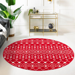 Burgundy Red 7' 10 x 7' 10 Tribal Trellis Round Area Rug Geometric Southwestern Inspired Durable Carpet for Home Interior Design for Sale at Rug Engine
