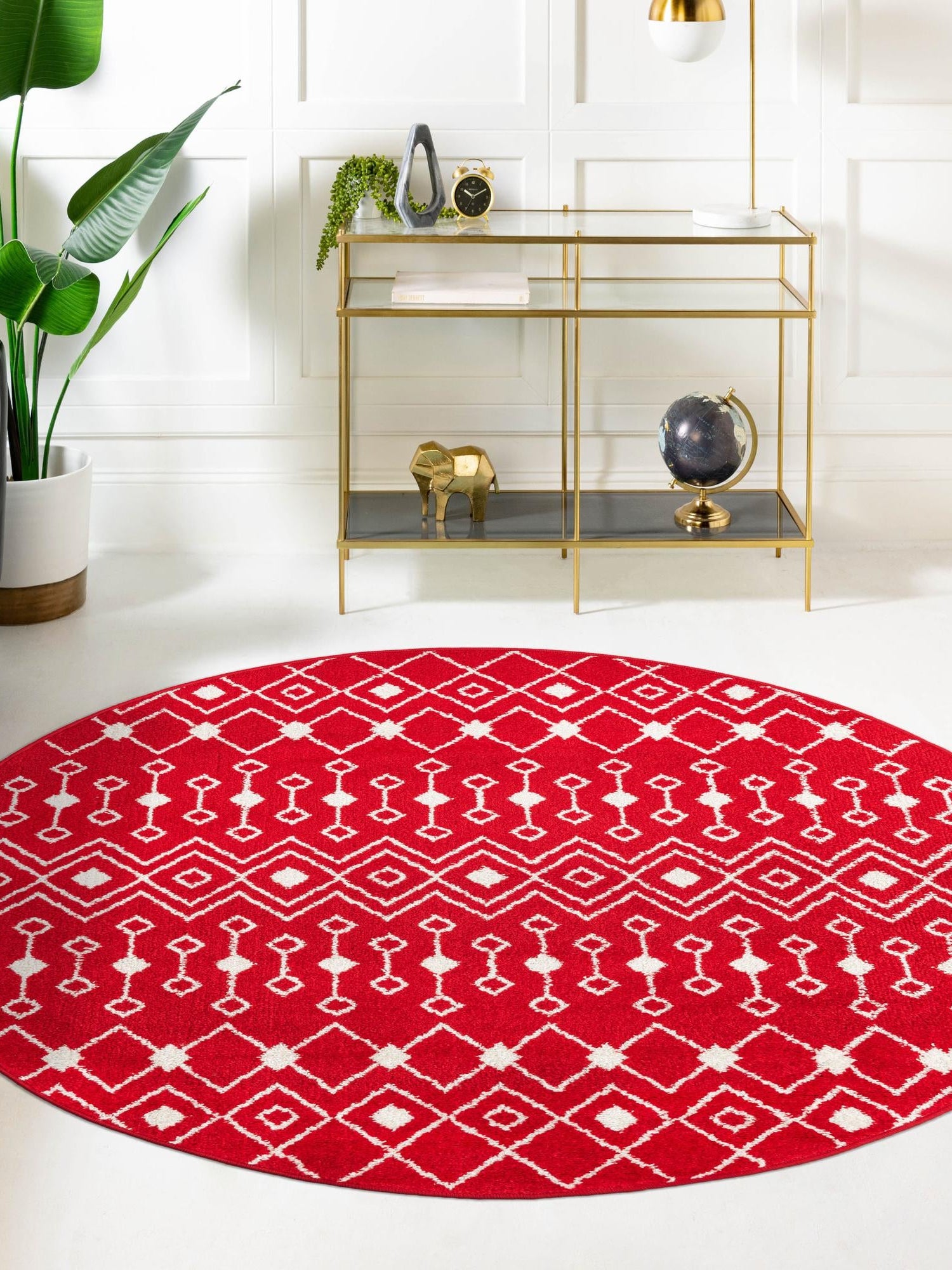 Burgundy Red 3' 3 x 3' 3 Tribal Trellis Round Area Rug Geometric Southwestern Inspired Durable Carpet for Home Interior Design for Sale at Rug Engine