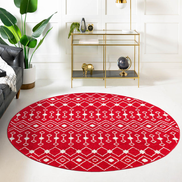 Burgundy Red 3' 3 x 3' 3 Tribal Trellis Round Area Rug Geometric Southwestern Inspired Durable Carpet for Home Interior Design for Sale at Rug Engine