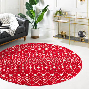Burgundy Red 7' 10 x 7' 10 Tribal Trellis Round Area Rug Geometric Southwestern Inspired Durable Carpet for Home Interior Design for Sale at Rug Engine