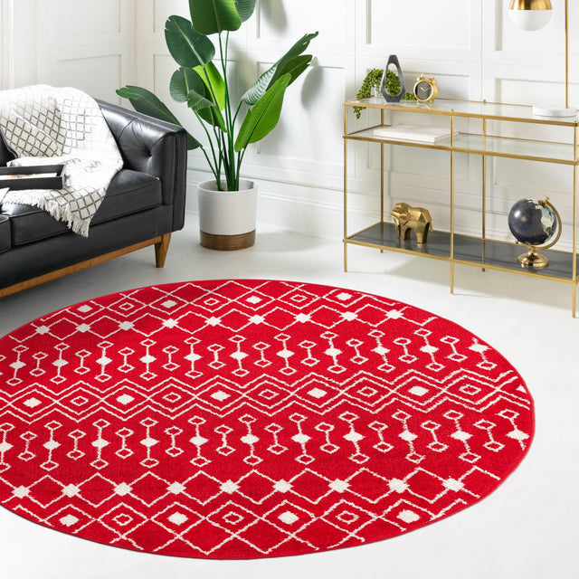Burgundy Red 7' 10 x 7' 10 Tribal Trellis Round Area Rug Geometric Southwestern Inspired Durable Carpet for Home Interior Design for Sale at Rug Engine