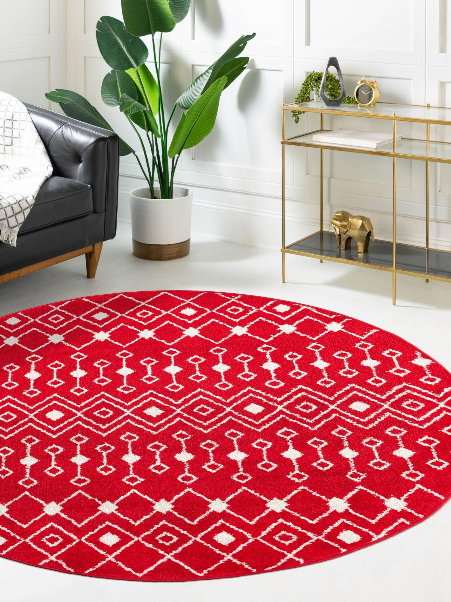 Burgundy Red 3' 3 x 3' 3 Tribal Trellis Round Area Rug Geometric Southwestern Inspired Durable Carpet for Home Interior Design for Sale at Rug Engine